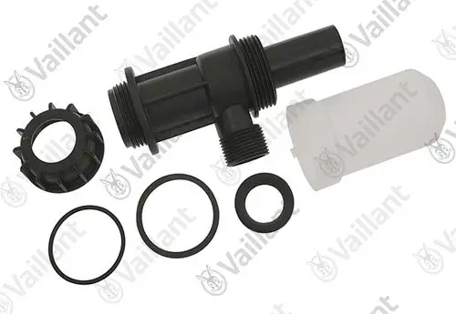 Vaillant Siphon mit verschiedenen Dichtungen und einem Kunststoffgehäuse, geeignet für Verbindungen in Heizungs- oder Sanitärsystemen.